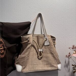 Tod's Straw Woven Tote Bag with Dustbag‎ Beige White Rope Handles Large Size